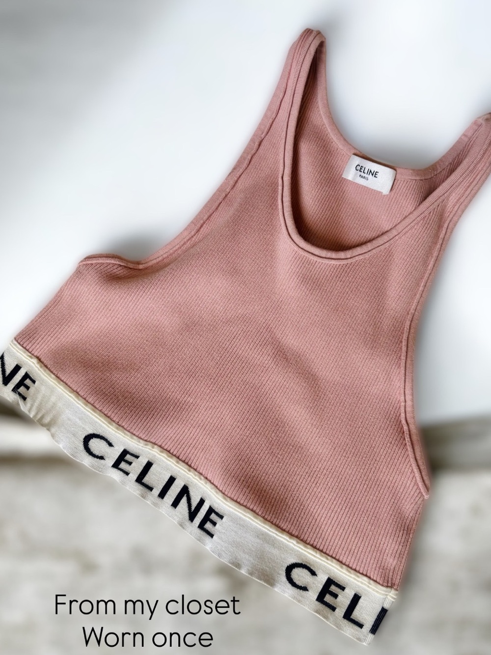 Celine Ribbed Crop Tank - Dusty Pink with Cream Logo Band